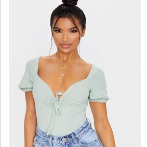 Sage Khaki Rib Ruched Front Short Sleeve Bodysuit